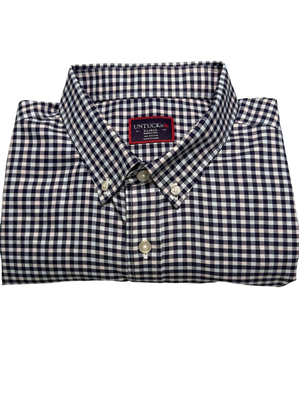 UNTUCKit XL Wrinkle Free Gingham Button Down Shirt Blue White Cotton - Picture 5 of 8